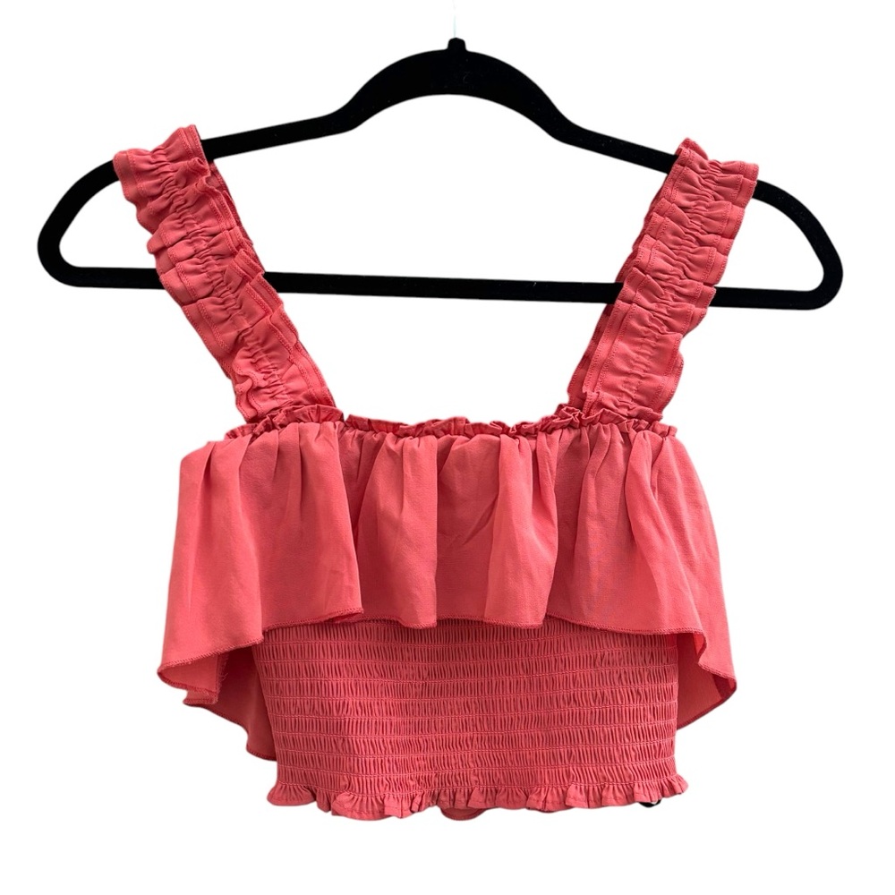 Coral smocked Ruffle shirred tank crop top square neck